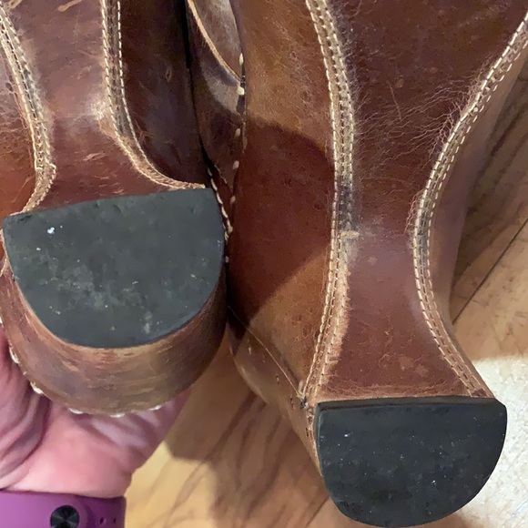 Frye Charlotte leather 8 wedge O ring stitched distressed brown mule clogs VGUC - Picture 13 of 13